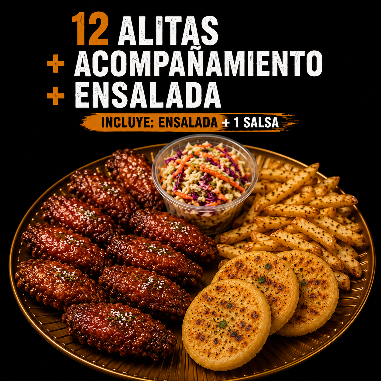 12 Alitas + acompañamiento + ensalada