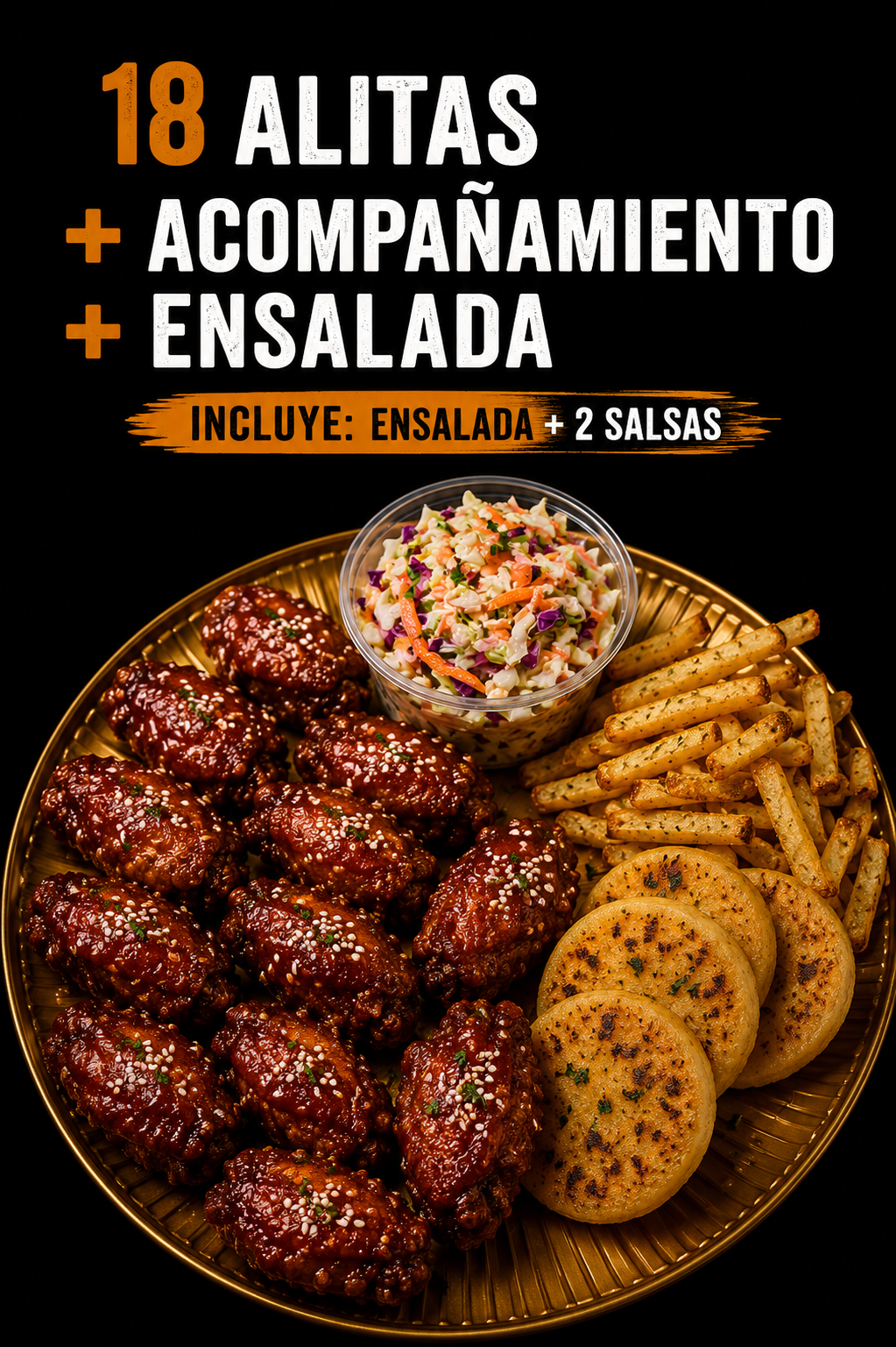 18 Alitas + acompañamiento + ensalada