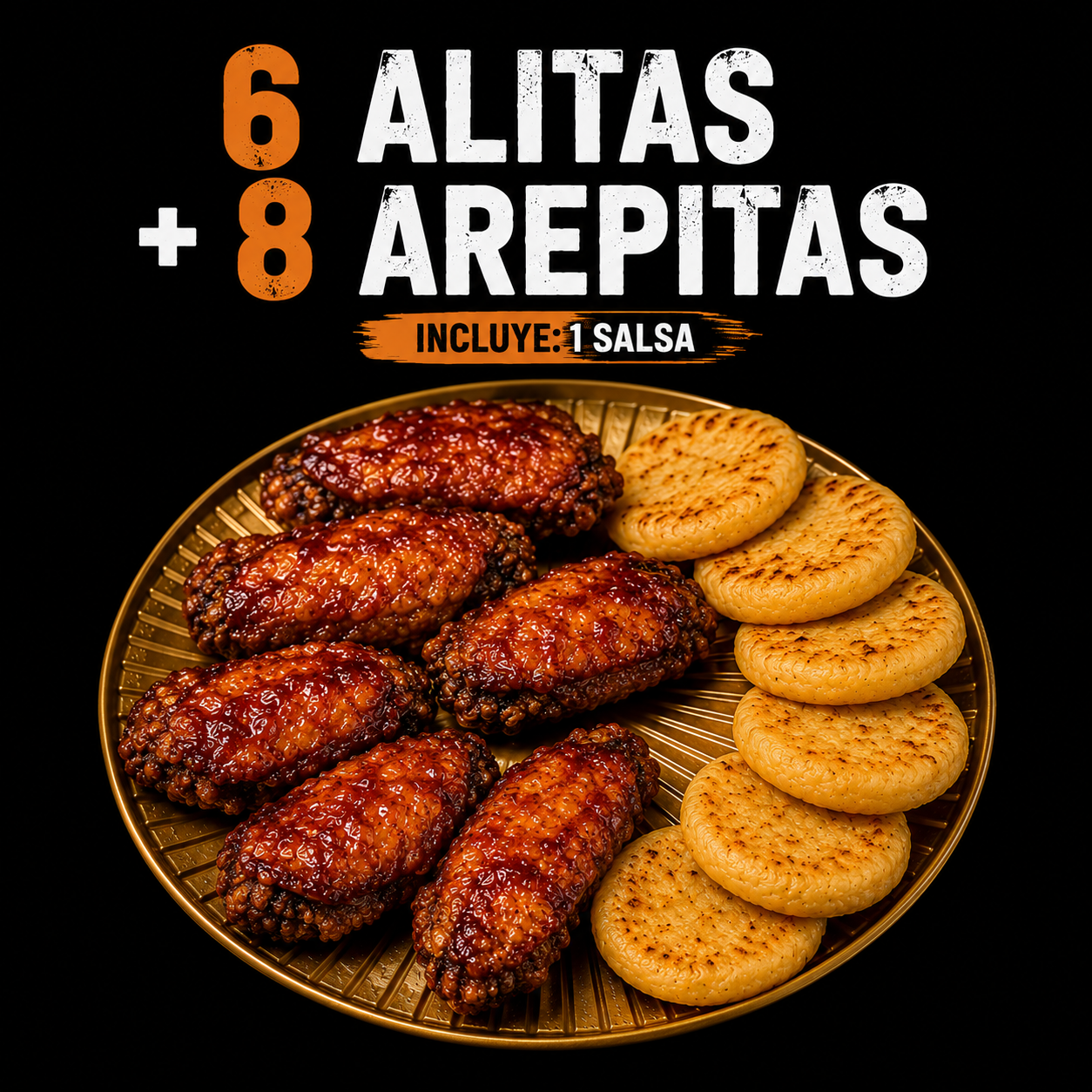 6 Alitas + 8 arepitas