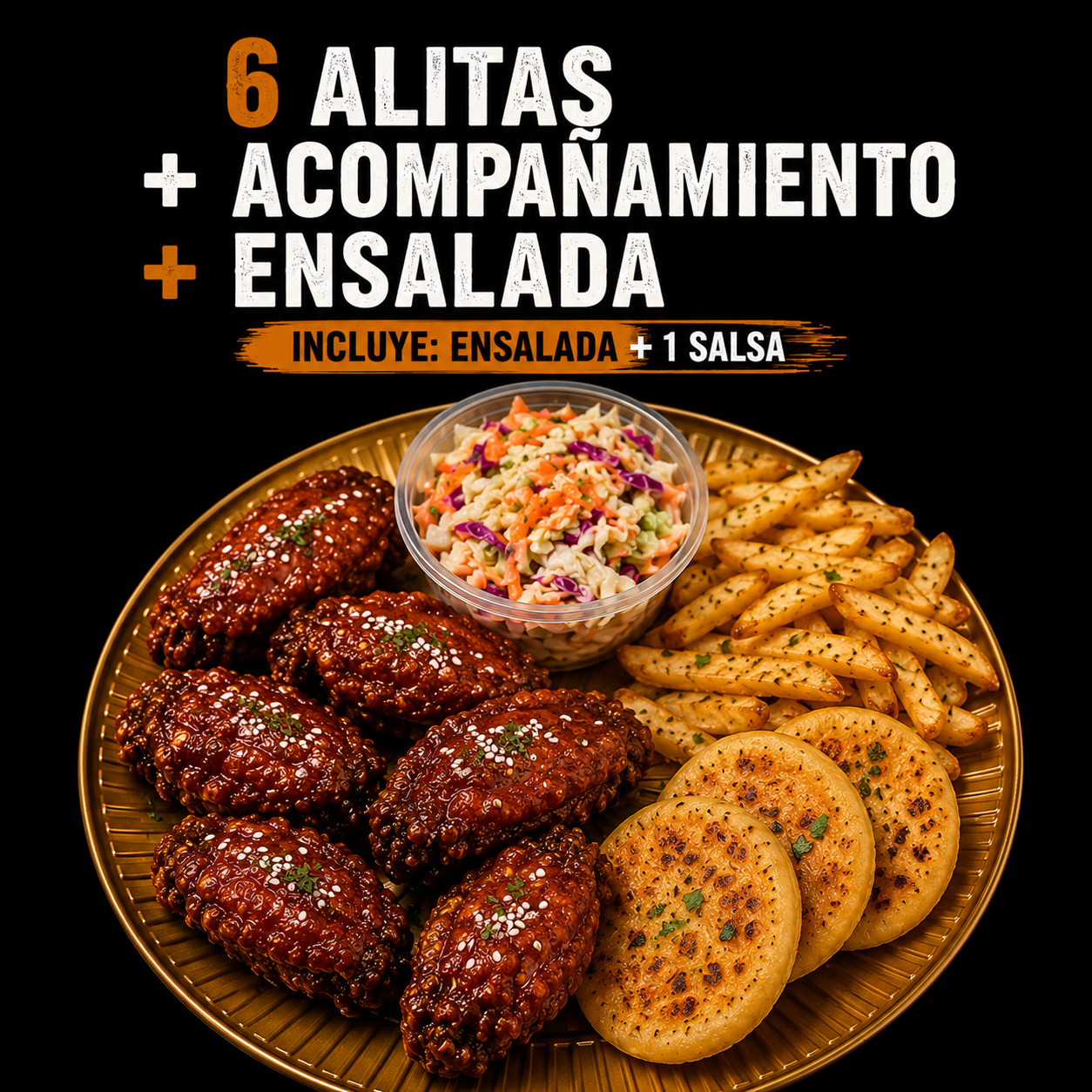 6 Alitas + acompañamiento + ensalada